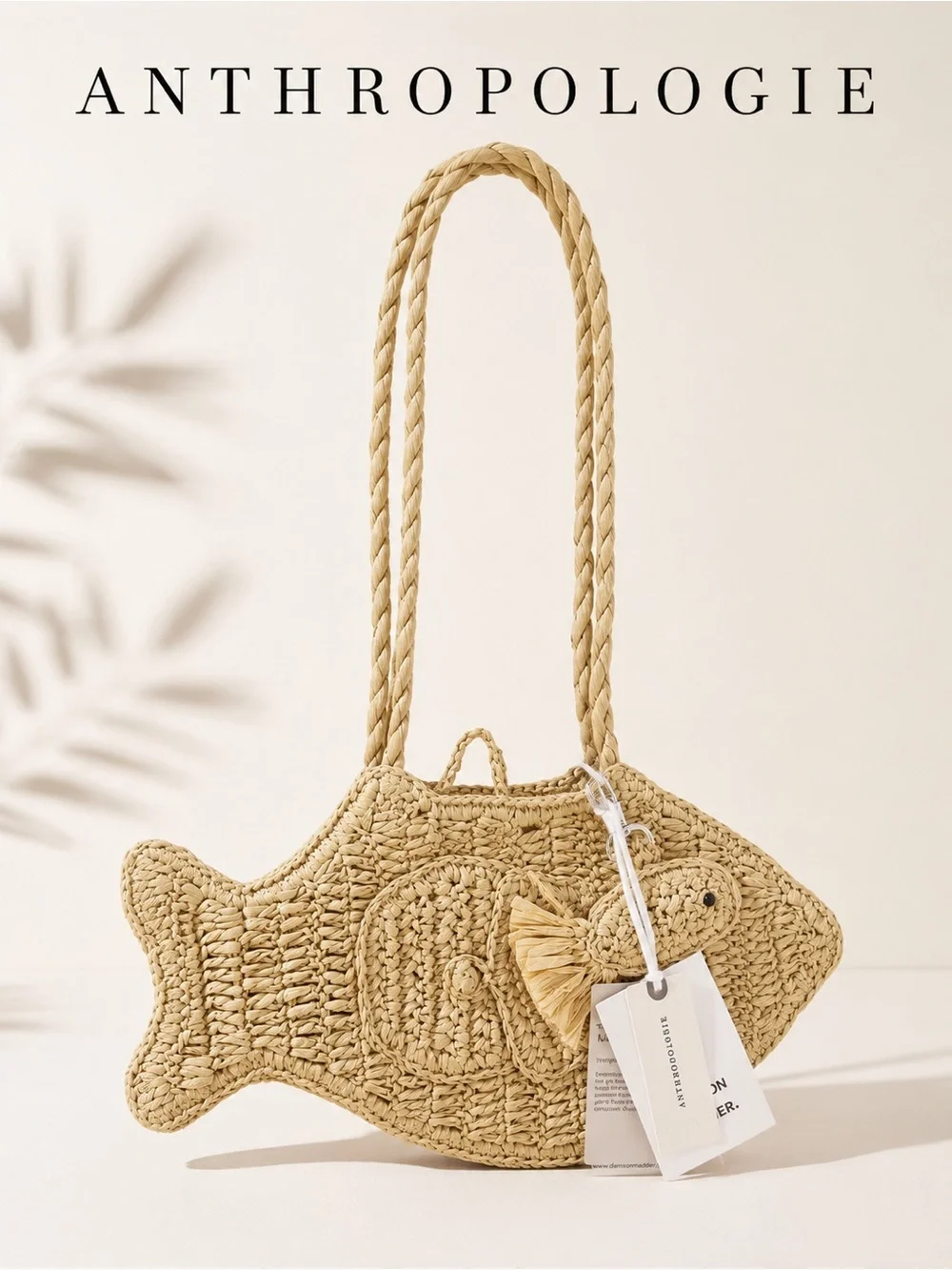 Anthropologie Fish Raffia Tote Bag NWT Woven Beach Purse - Picture 2 of 6